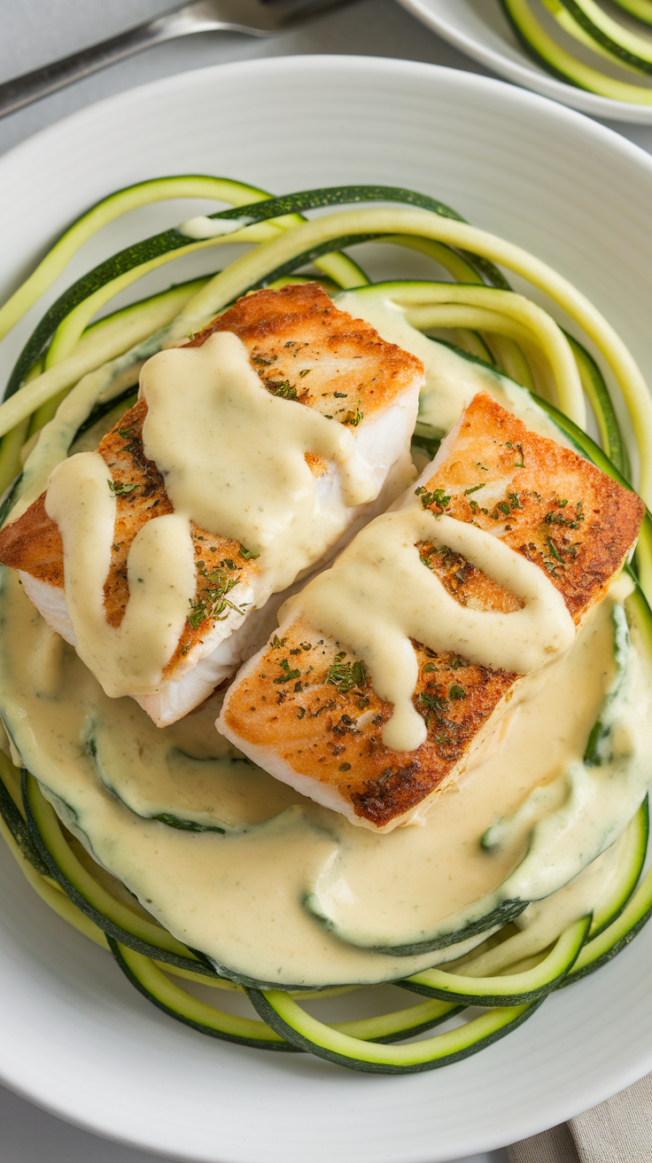 A plate of Keto Fish Alfredo with Zucchini Noodles, featuring two pieces of fish topped with creamy sauce on a bed of zucchini noodles.