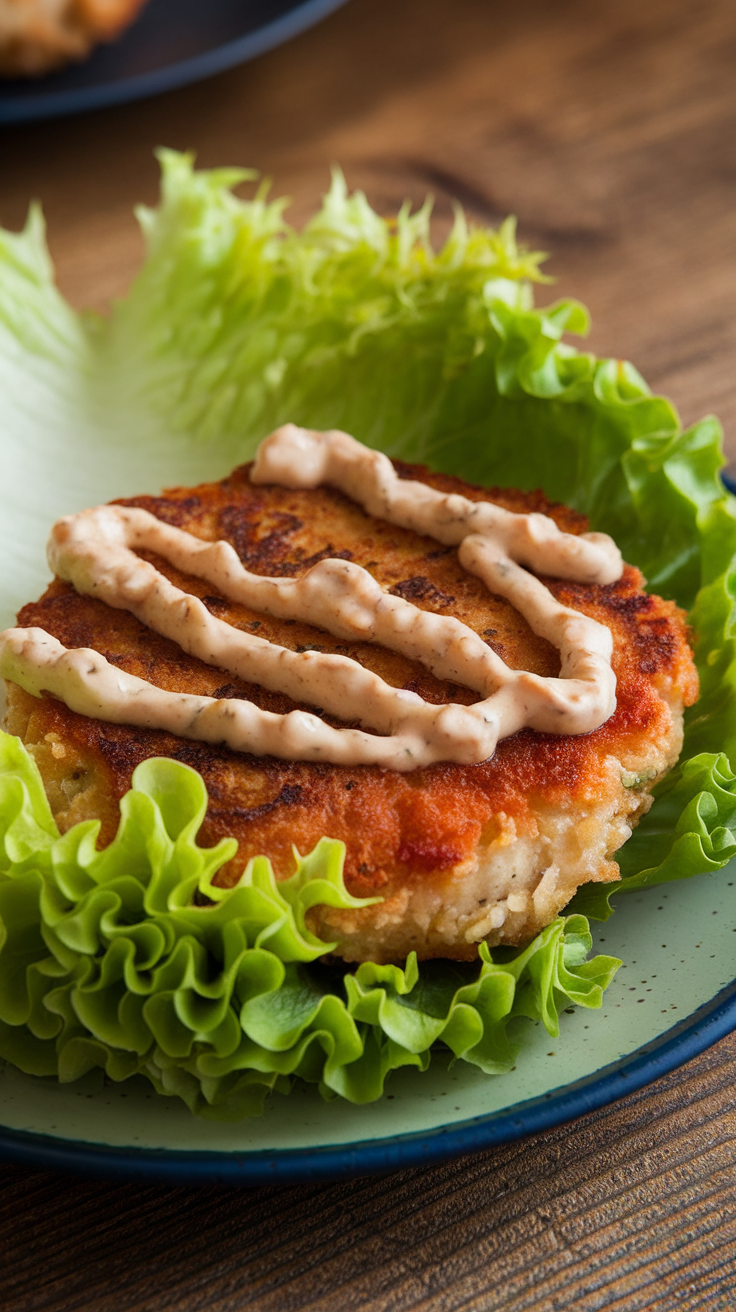 Keto fish burger served on lettuce with sauce