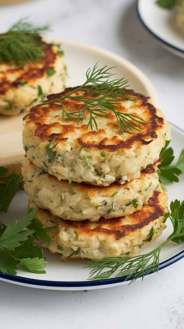 Plate of golden-brown fish cakes garnished with herbs.