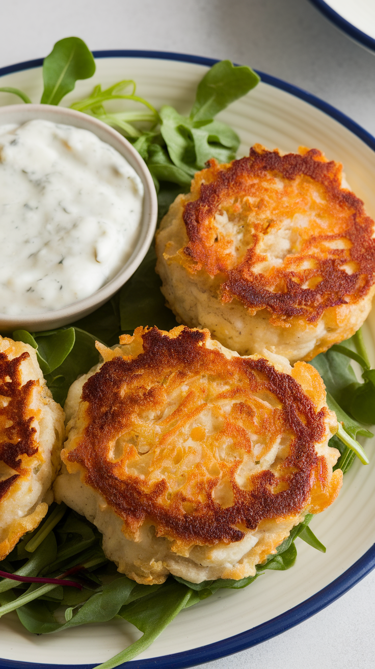 Crispy keto fish cakes served with tartar sauce on a plate with greens