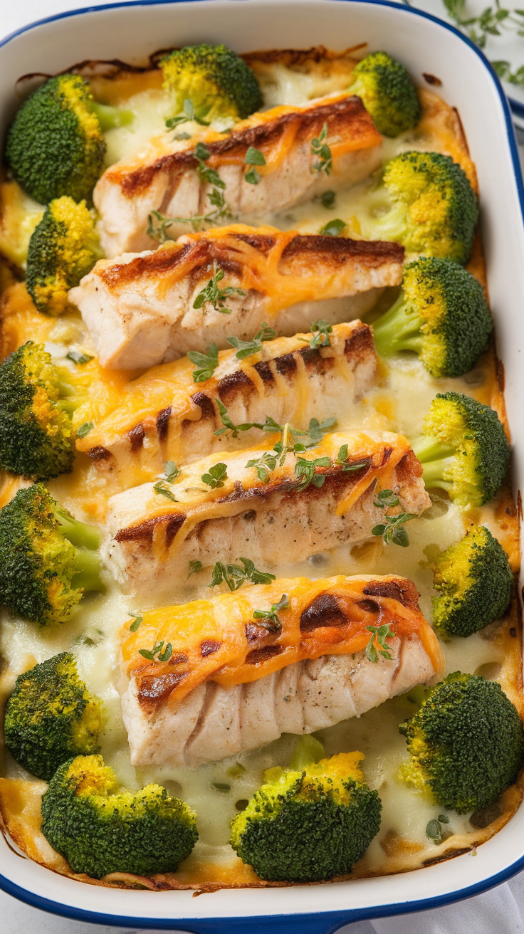 A delicious keto fish casserole with broccoli and cheese.