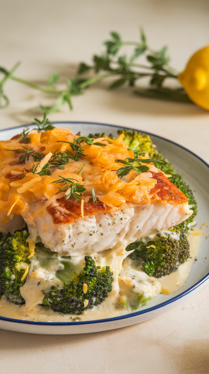 A delicious keto fish casserole with broccoli, topped with melted cheese.