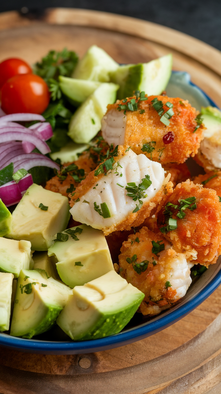 A bowl of keto fish ceviche with avocado, garnished with vegetables.