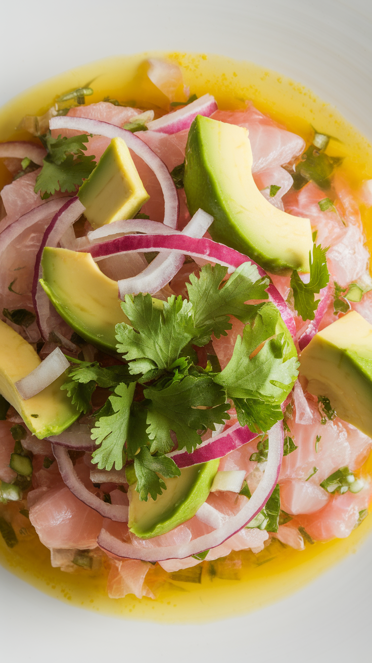 A vibrant plate of keto fish ceviche with avocado, red onion, and cilantro.