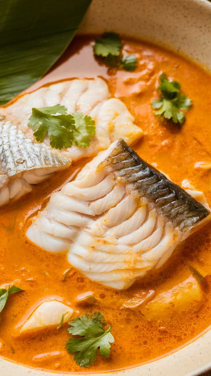 A bowl of keto fish curry with coconut milk, garnished with cilantro.