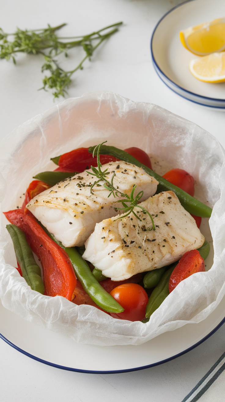 Fish fillets with red bell peppers and green beans in parchment paper