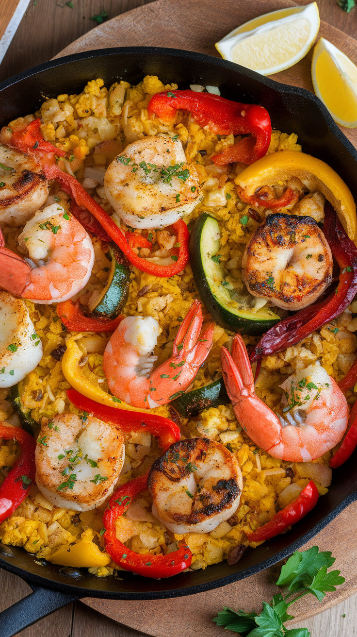 A vibrant dish of Keto Fish Paella with cauliflower rice, featuring shrimp, scallops, and colorful bell peppers.