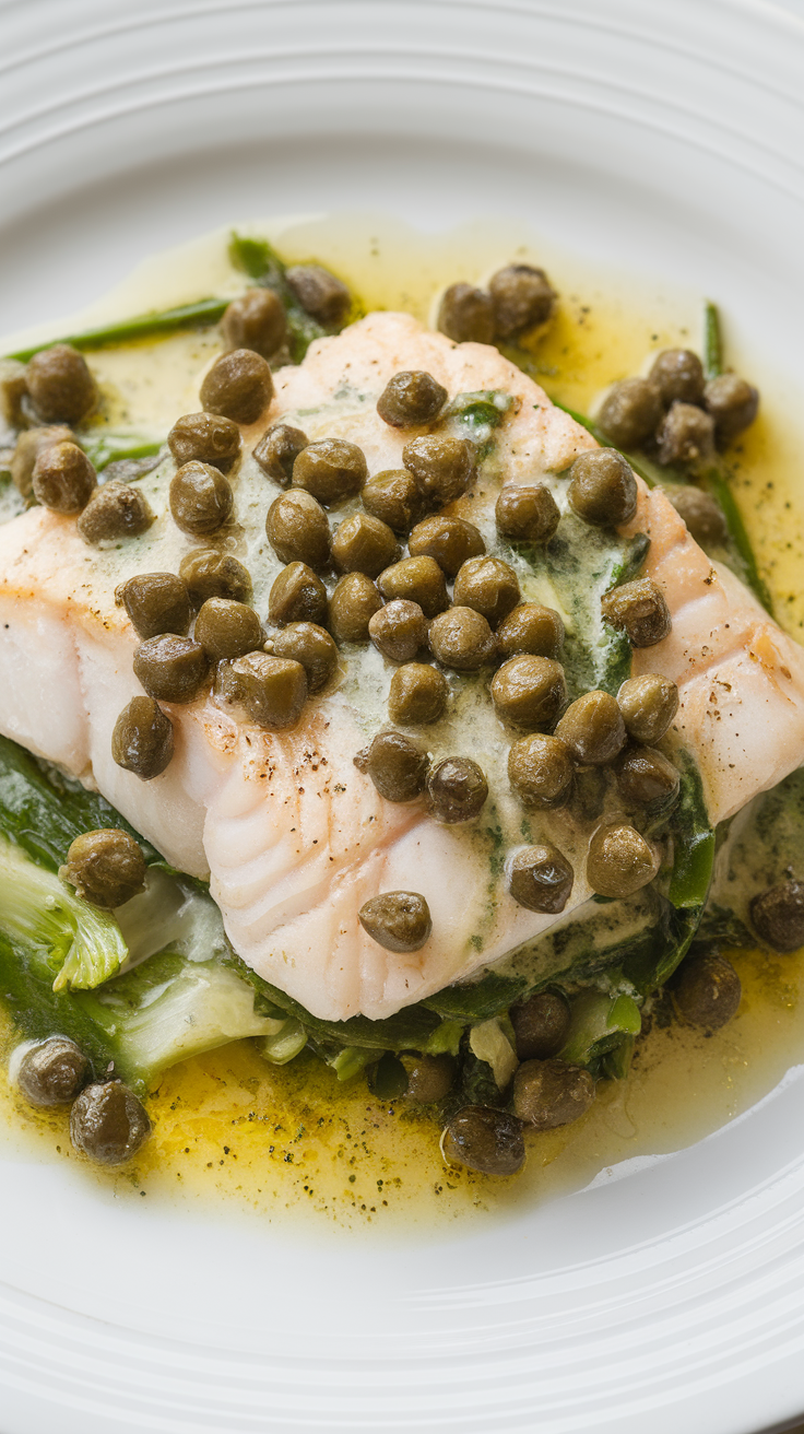 A plate of fish piccata topped with capers and green vegetables