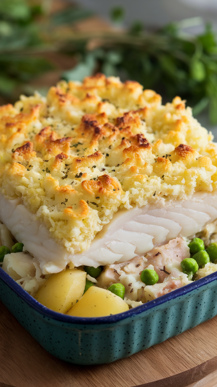 Keto fish pie with a golden cauliflower crust and green peas