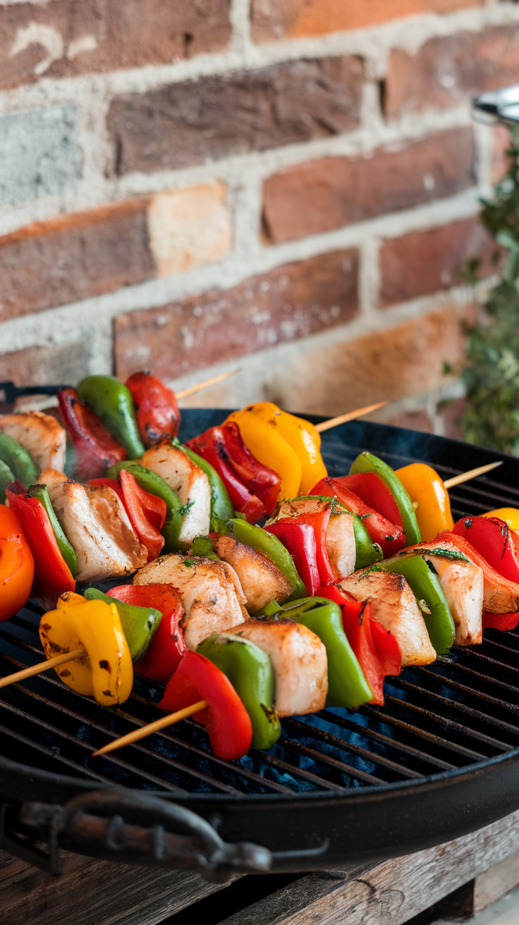 Grilled fish skewers with red, green, and yellow bell peppers on a barbecue grill.