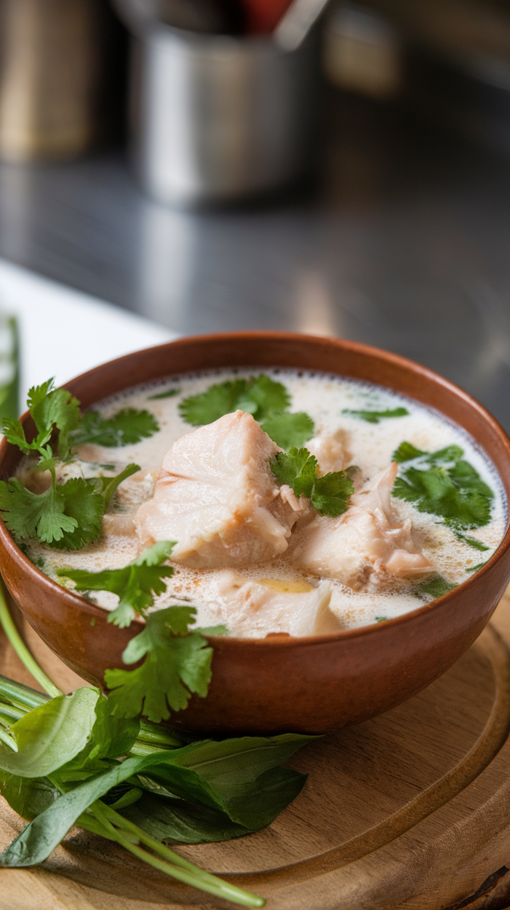 A bowl of fish soup with coconut milk and fresh herbs