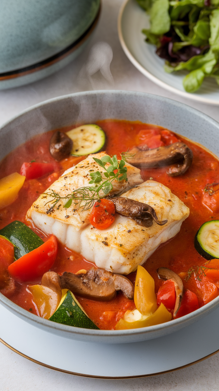 A steaming bowl of fish stew with vegetables including zucchini, tomatoes, and bell peppers.