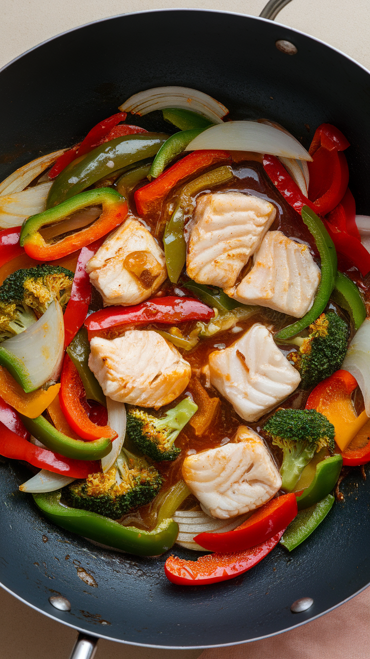 A colorful stir-fry featuring fish and a variety of vegetables in a pan.