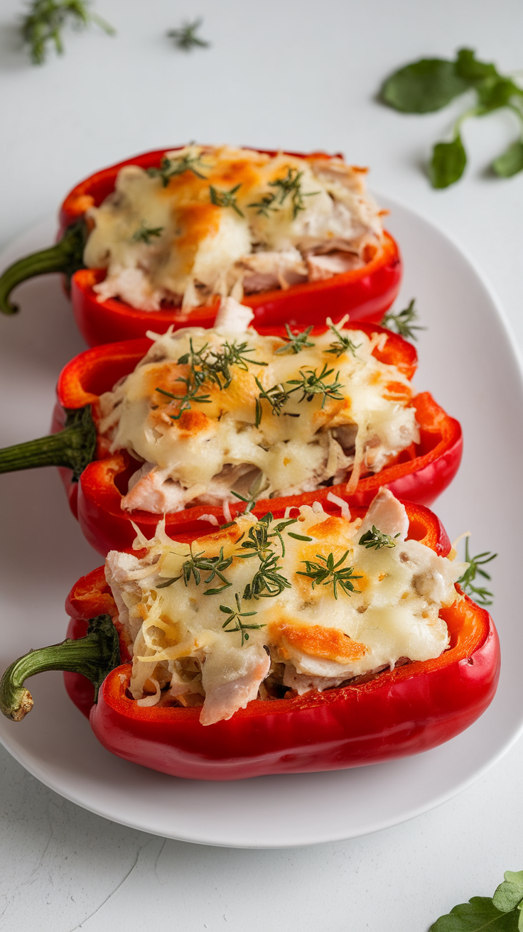 Three red bell peppers stuffed with fish and topped with cheese.