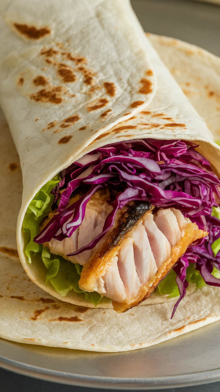 Keto fish tacos filled with cabbage slaw and lettuce