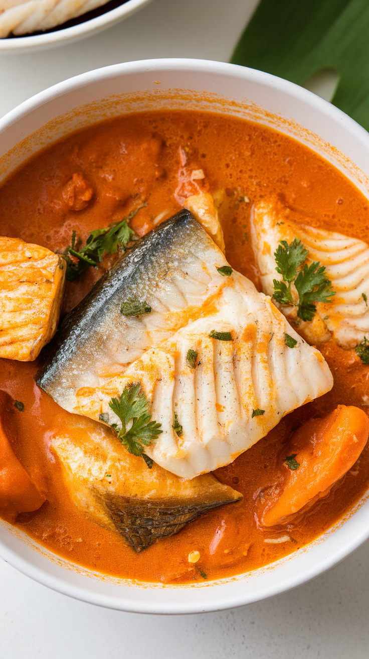 A bowl of Keto Fish Tikka Masala with pieces of fish in a rich sauce