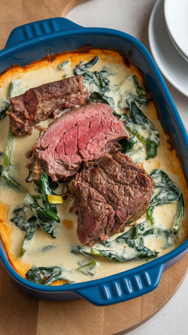 A delicious keto lamb and spinach casserole with creamy sauce and tender meat.