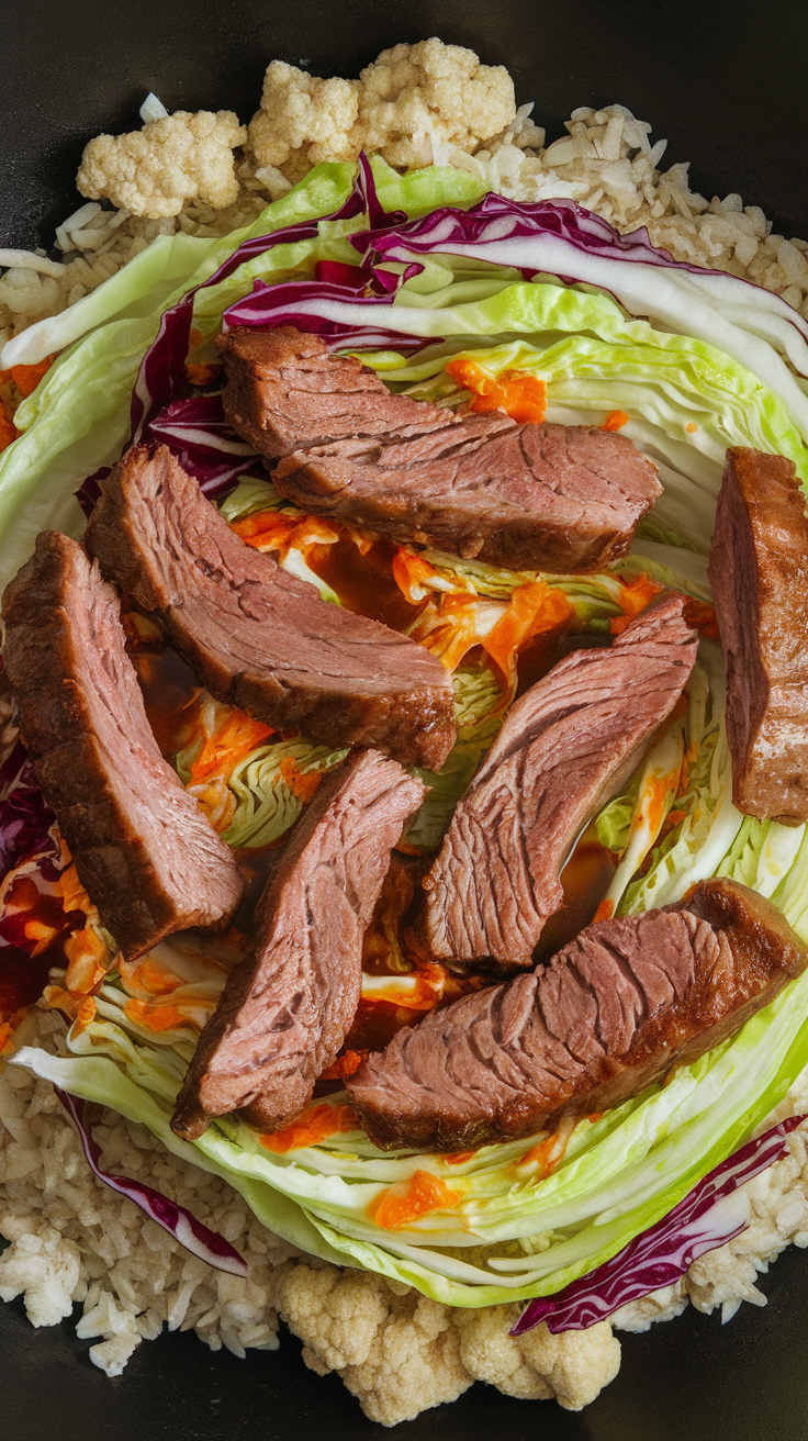 A delicious stir-fry with juicy lamb slices and vibrant cabbage.