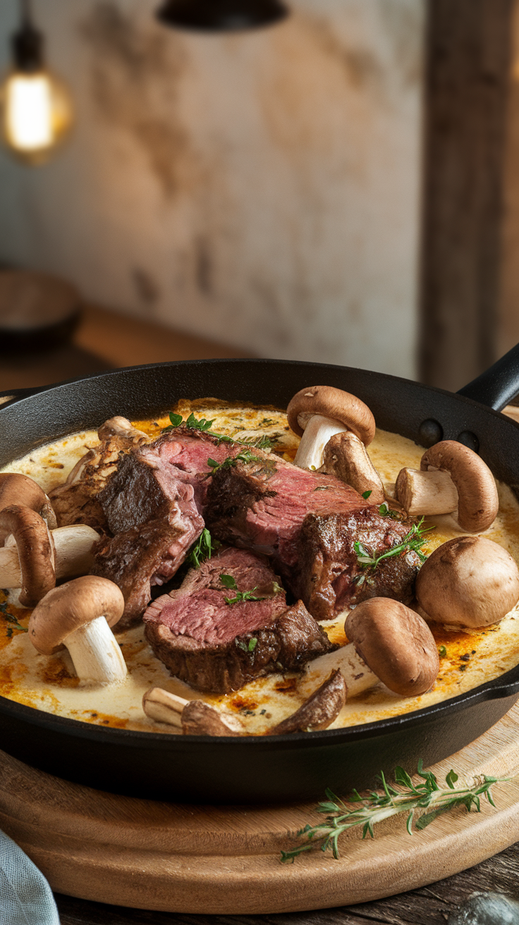 A delicious skillet with lamb and mushrooms on a wooden table.