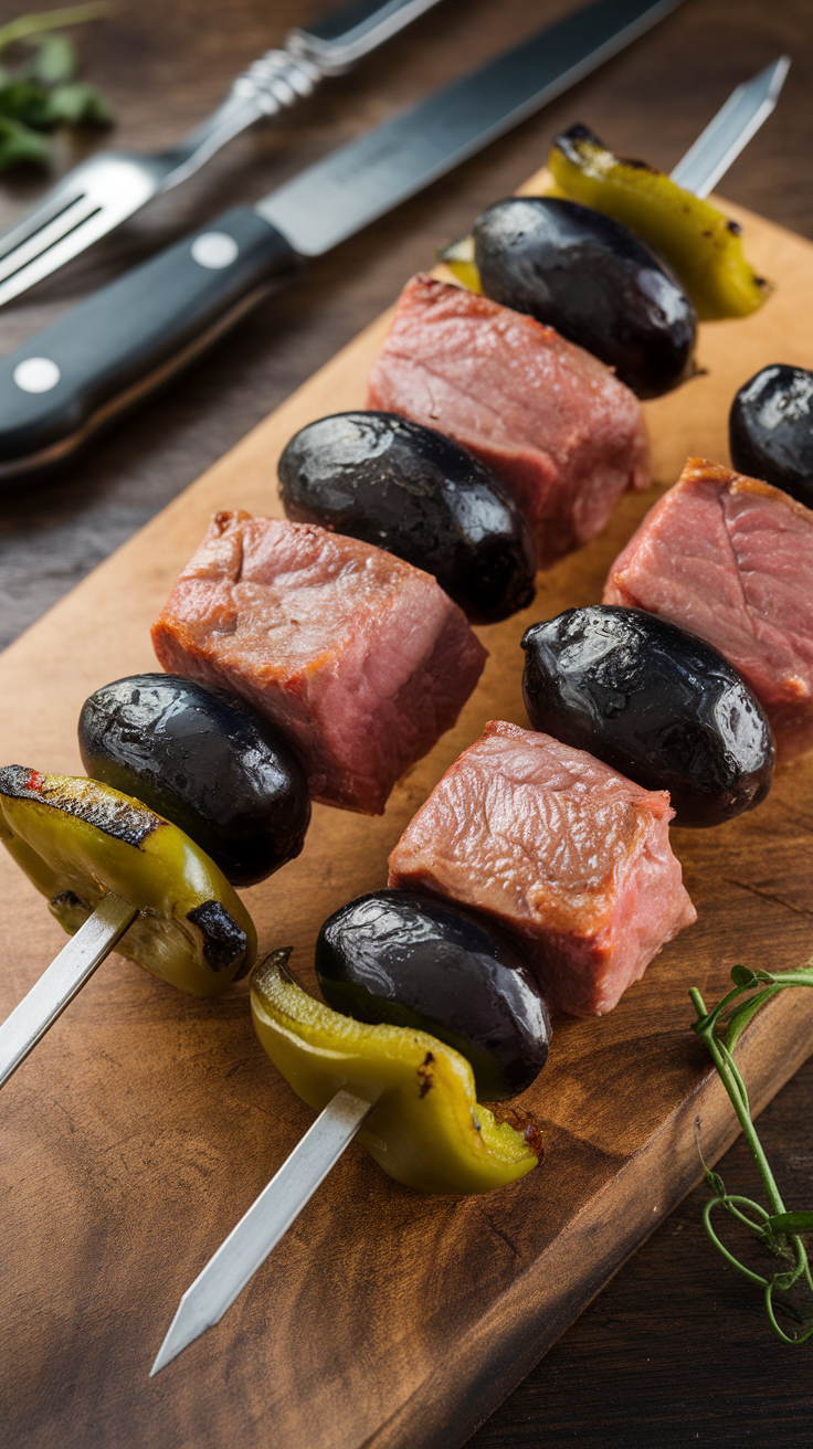 Keto lamb and olive skewers on a wooden cutting board