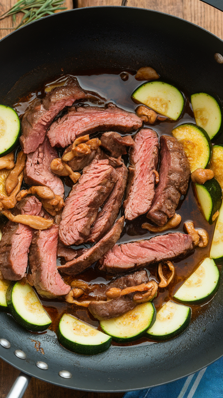 A delicious stir-fry featuring sliced lamb and zucchini in a savory sauce.