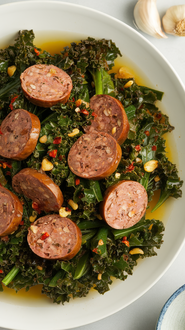 A plate of kale stir-fried with slices of lamb sausage, garnished with spices.