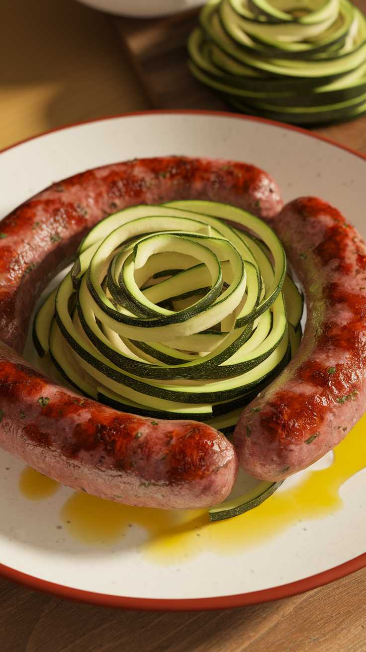 Keto lamb sausages served with zucchini noodles on a plate