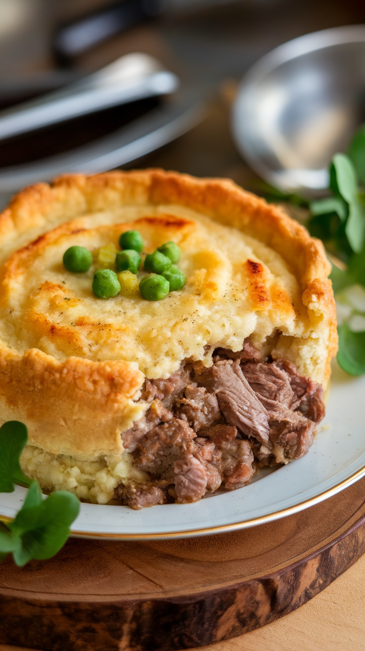 A delicious serving of Keto Lamb Shepherd's Pie with a golden cauliflower topping and green peas