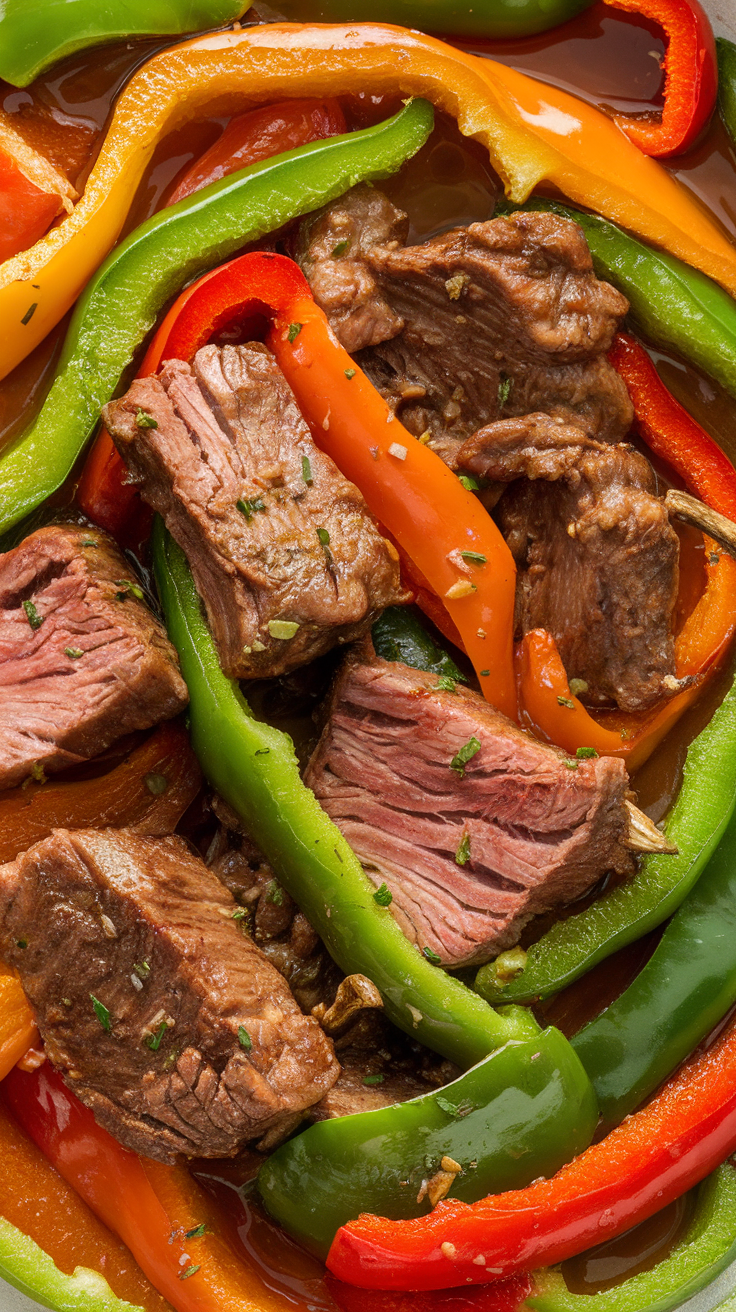 A close-up of a delicious stir-fry with lamb and colorful bell peppers.