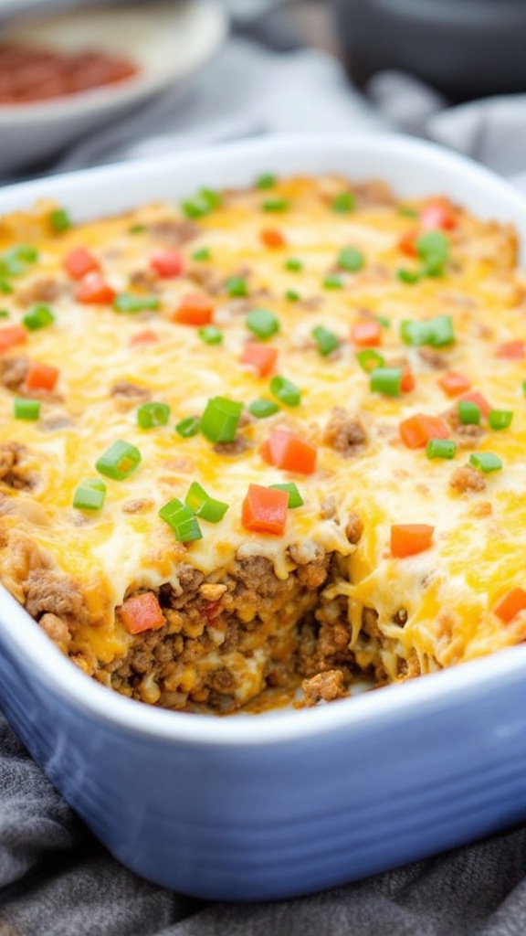 A delicious Keto Philly Cheesesteak Casserole with ground beef, cheese, and colorful toppings in a blue dish.