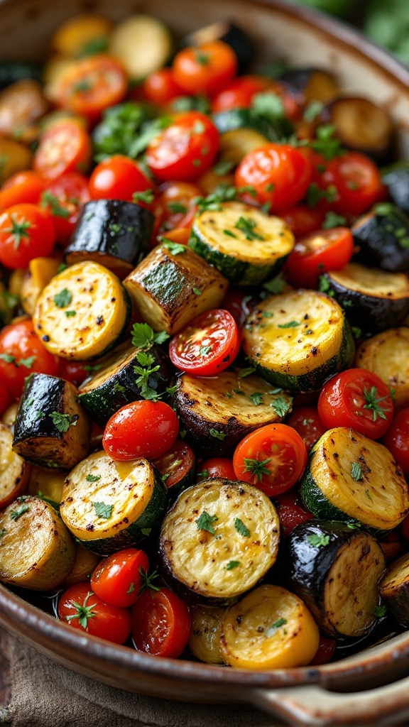 A vibrant dish of keto ratatouille with zucchini, eggplant, and cherry tomatoes.