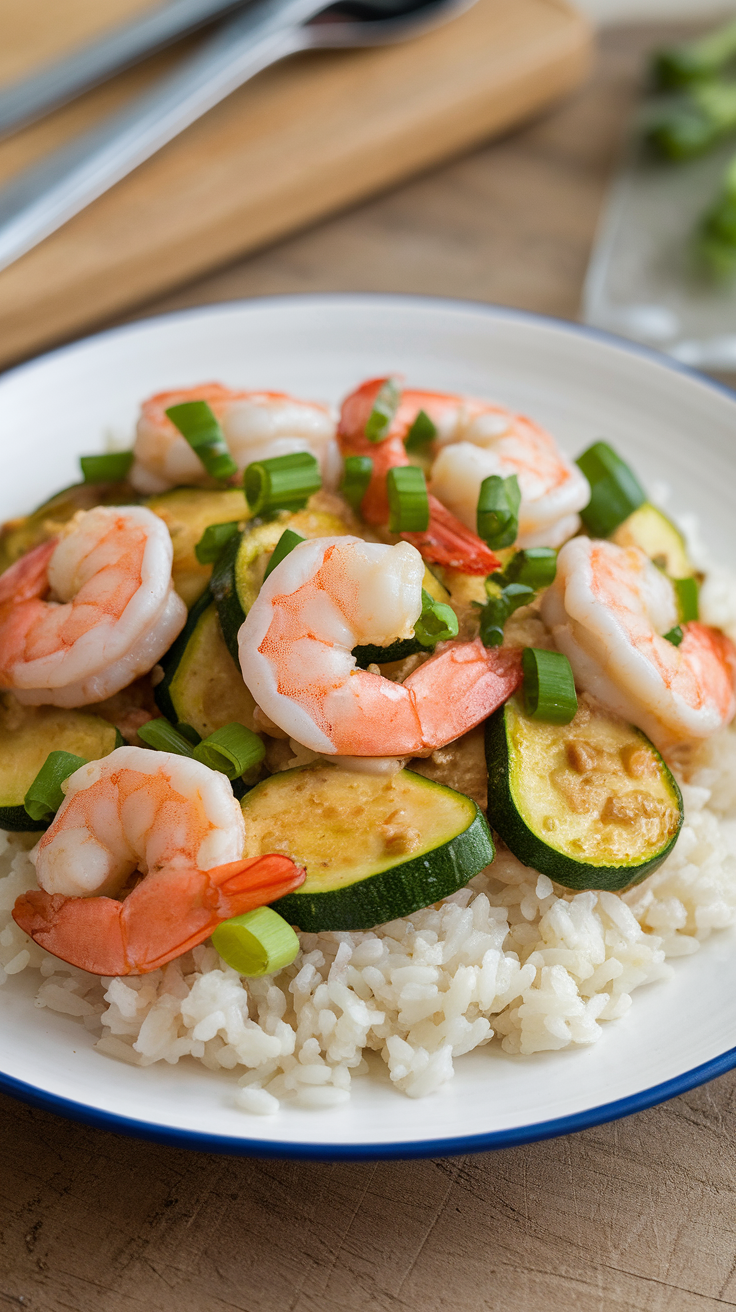 A plate of shrimp and zucchini served over rice