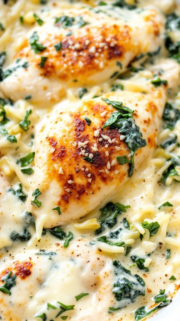 Keto Spinach and Artichoke Chicken Bake dish with creamy sauce and green spinach