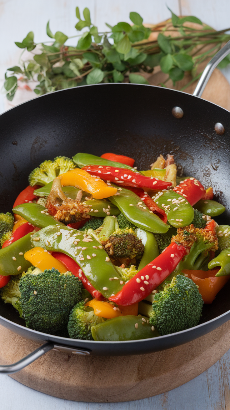 A vibrant stir-fry of broccoli, bell peppers, and snow peas in a black wok.