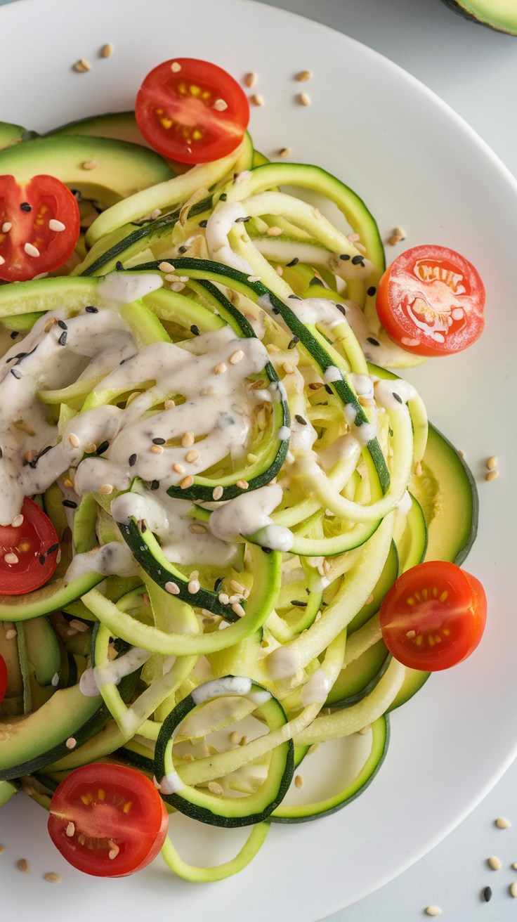 A colorful zoodle salad with sesame dressing, featuring spiralized zucchini, cherry tomatoes, and sesame seeds.