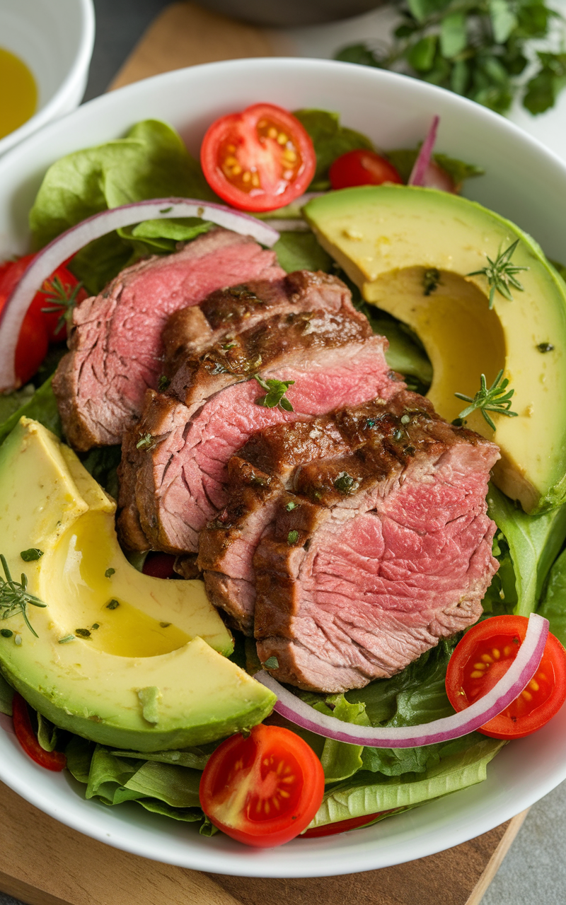 A bowl of lamb and avocado salad with greens, cherry tomatoes, and red onion