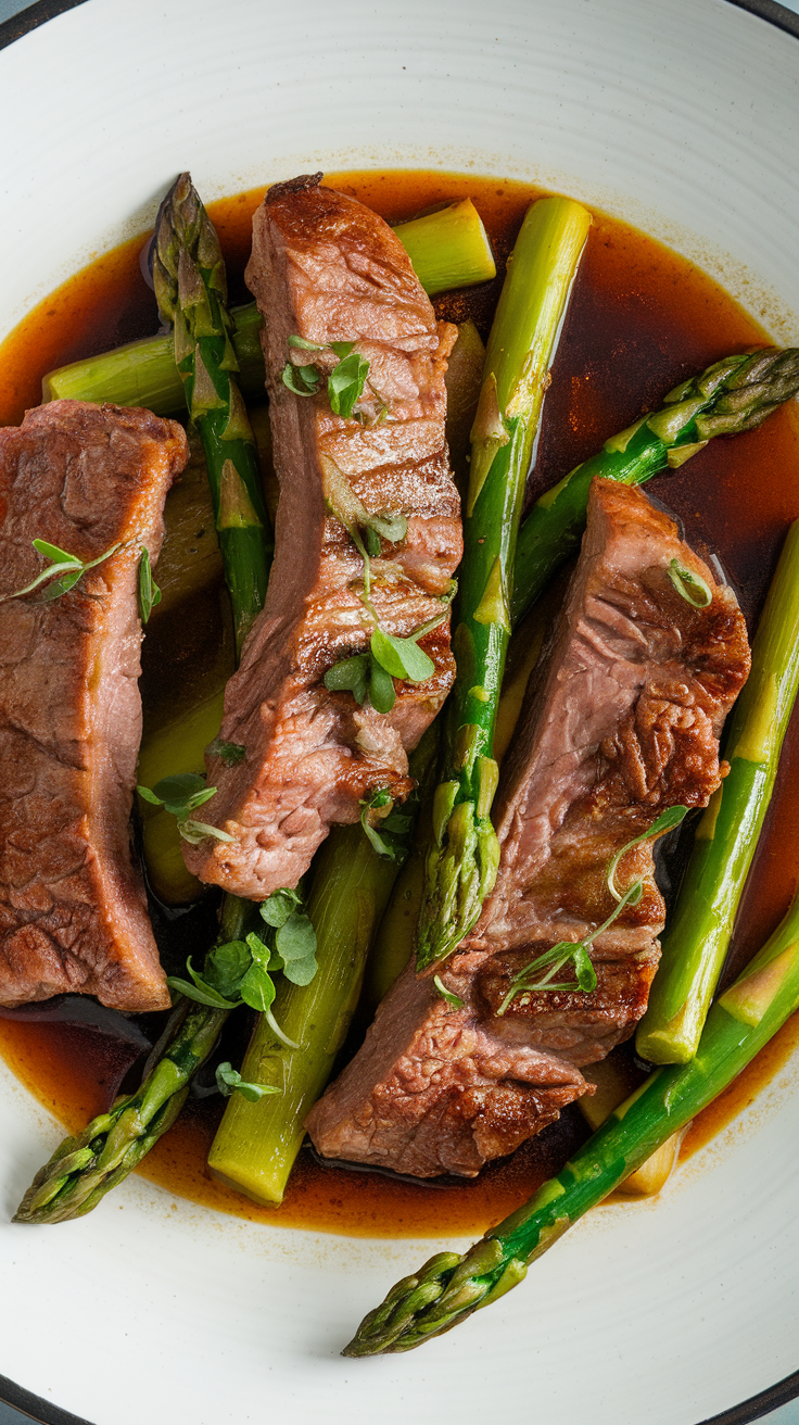 Stir-fried lamb with asparagus on a white plate