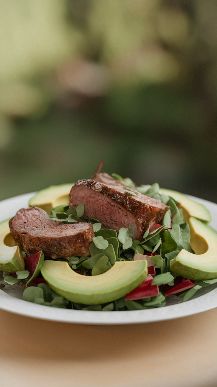 Lamb and avocado salad with greens on a plate