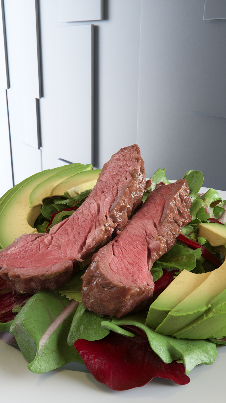 A delicious lamb and avocado salad with fresh greens.