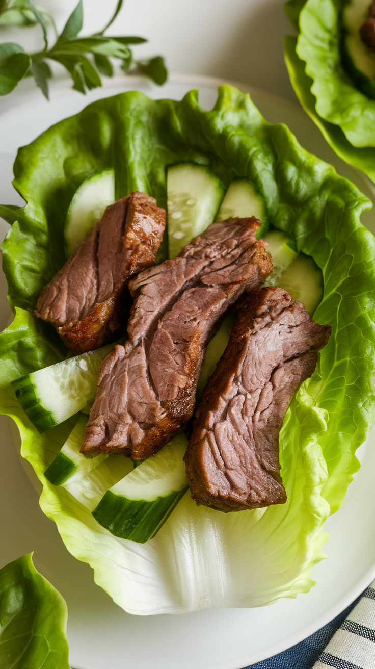 Lamb and cucumber keto wraps on a plate with lettuce and cucumbers.