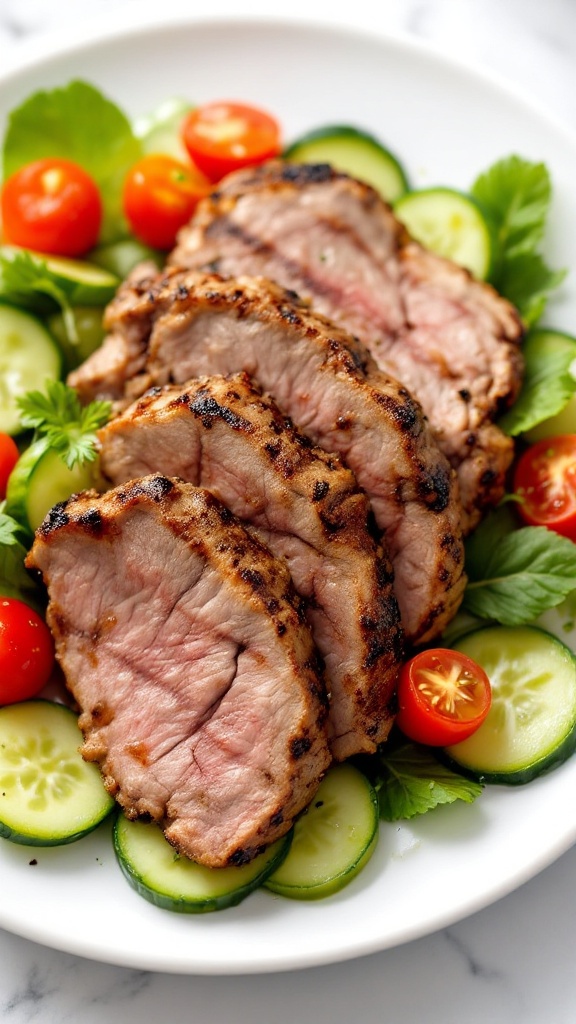 A delicious lamb and cucumber salad on a plate garnished with cherry tomatoes.