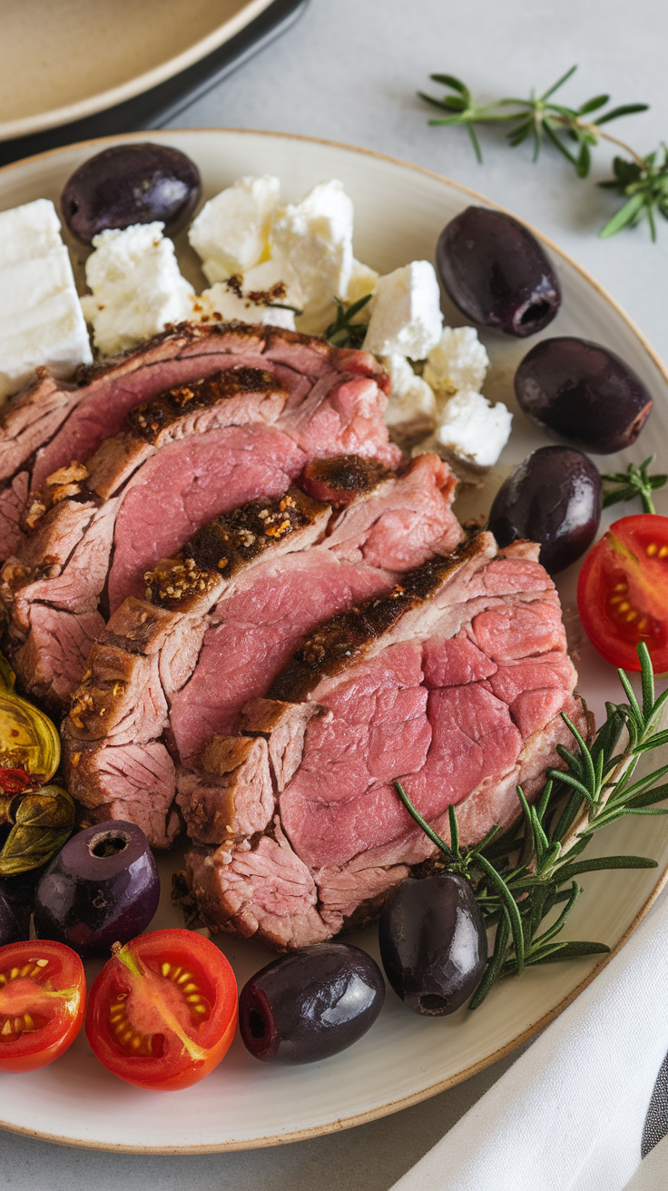 A plate of sliced lamb with feta cheese, olives, and cherry tomatoes