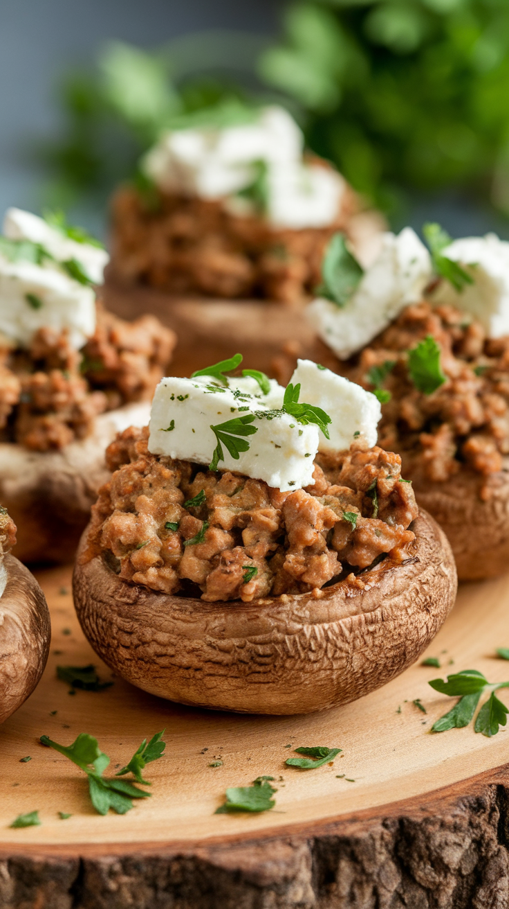 A close-up of lamb and feta stuffed mushrooms garnished with parsley.