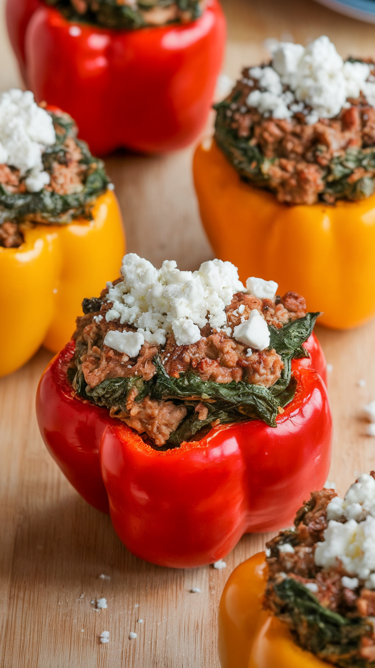 Colorful stuffed peppers filled with lamb and spinach mixture topped with feta cheese.