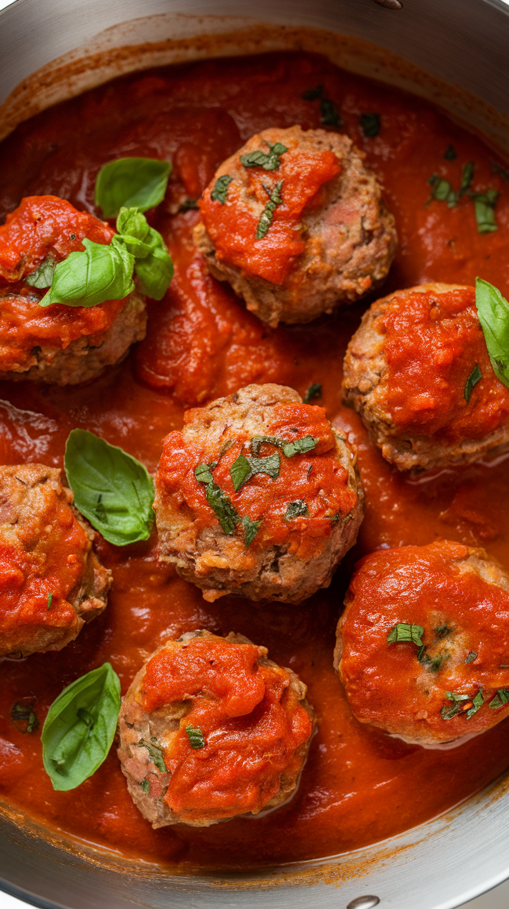 A close-up of lamb meatballs in rich tomato sauce garnished with basil leaves.