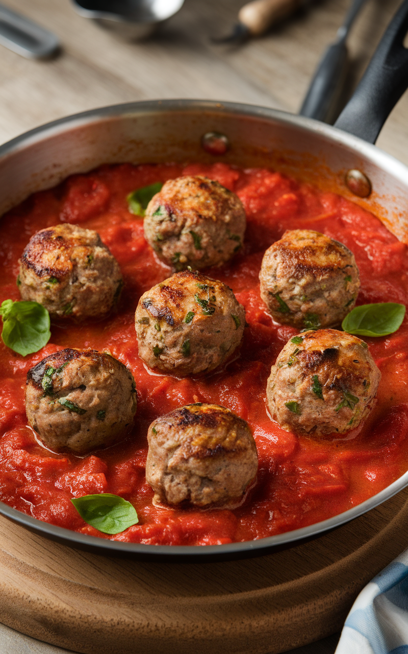 A skillet with lamb meatballs in a rich tomato sauce garnished with fresh basil.