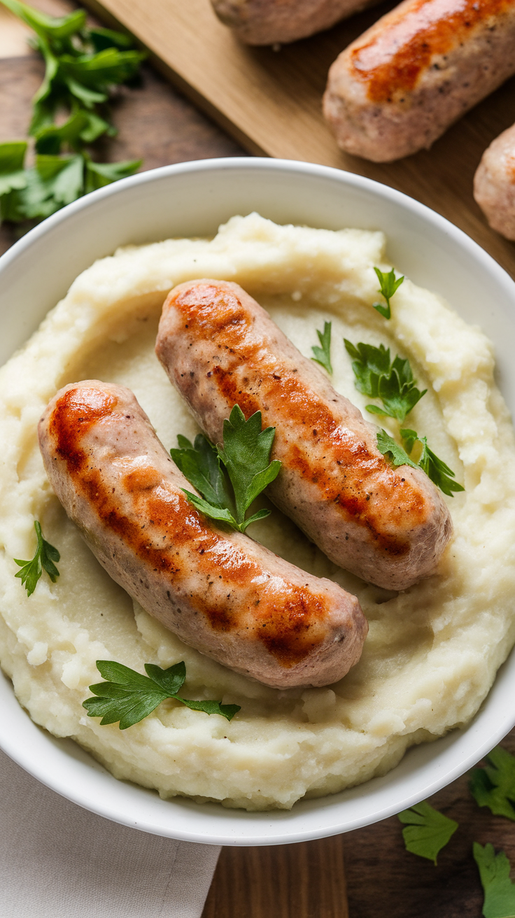 Lamb sausages served on a bed of cauliflower puree with parsley.