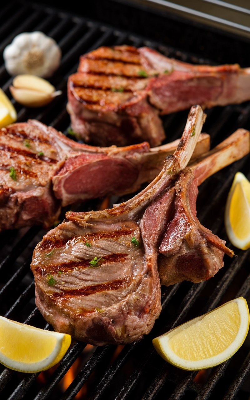 Grilled lamb chops with lemon and garlic on a grill