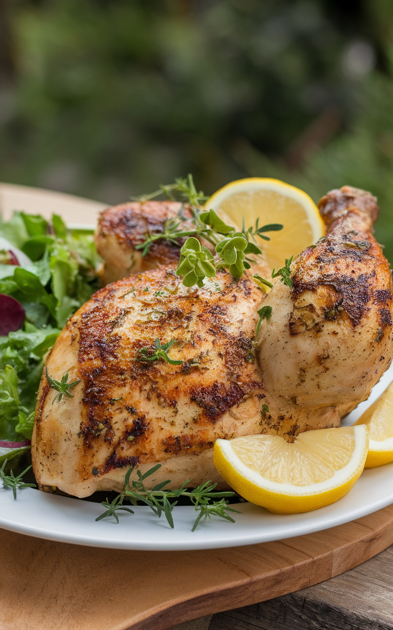 A plate of lemon herb grilled chicken garnished with fresh herbs and lemon slices