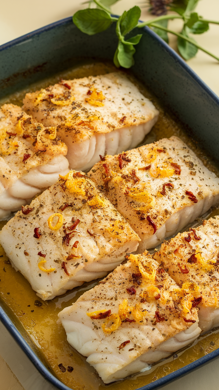 Baked haddock fillets topped with lemon and pepper seasoning